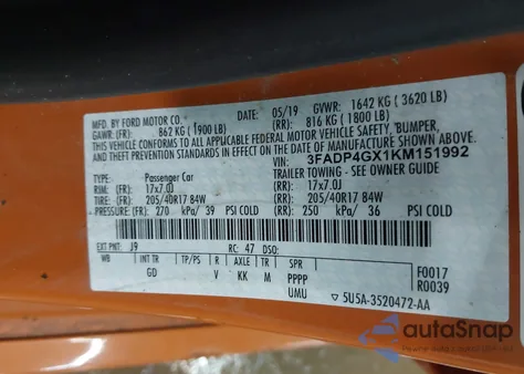 2019 Ford Fiesta St z USA, uszkodzony, nr VIN 3FADP4GX1KM151992